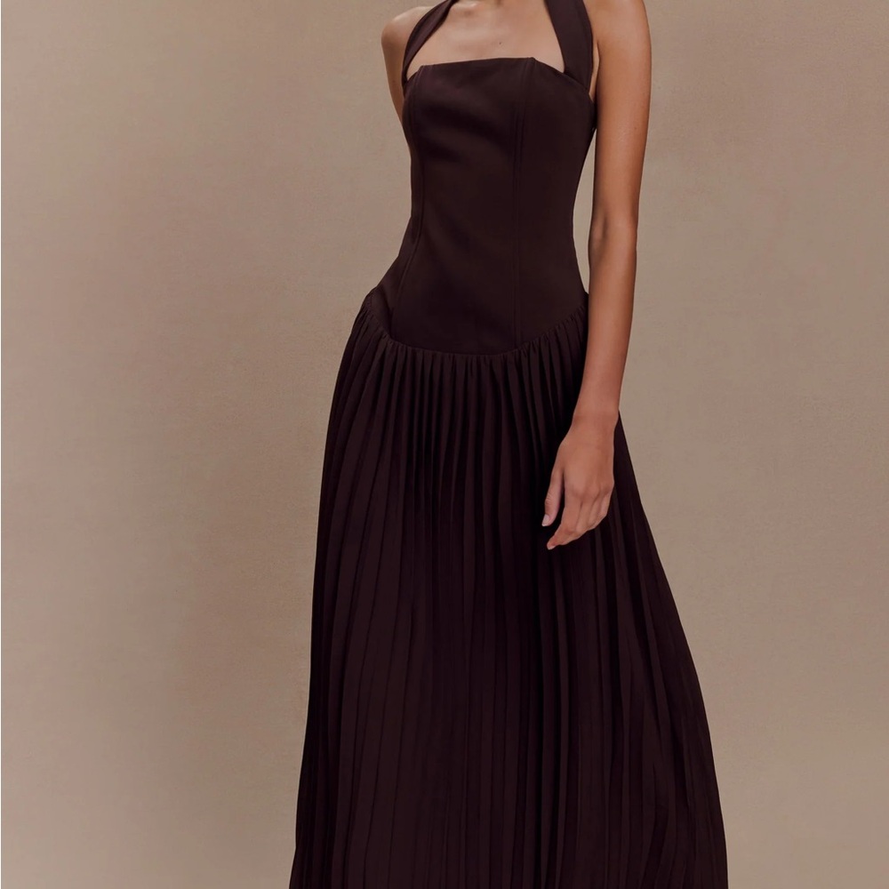 MESHKI STACIE Pleated Halter Maxi Dress - Cacao
